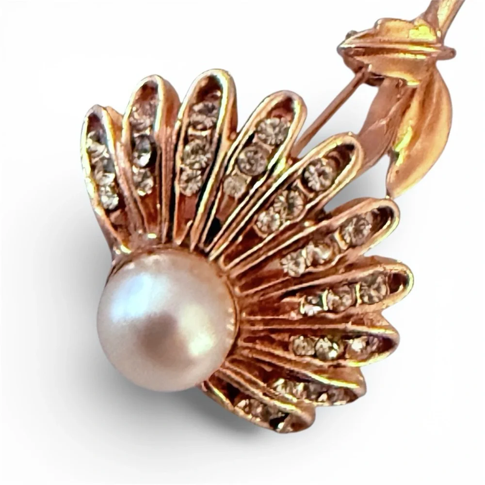 Vintage Mid Century Gold, Pearl & Rhinestone‎ Flower Brooch, 2” Tall, Estate